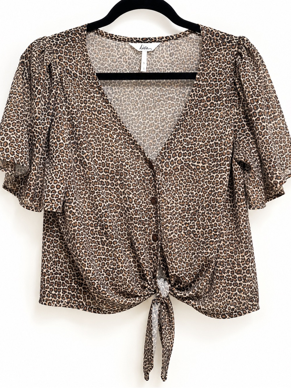 Lira Leopard Print Tie Front Flutter Sleeve Blouse Size Small
